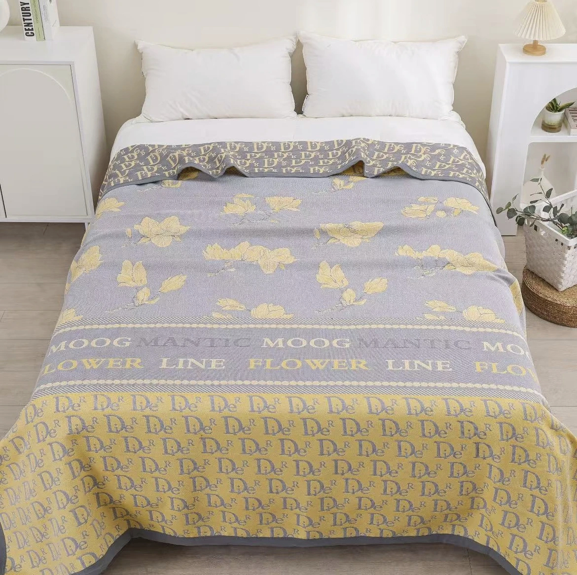 【字母百合黄】高端精梳棉2.3米*2.5米（正负5厘米）多功能布毯恒温毯