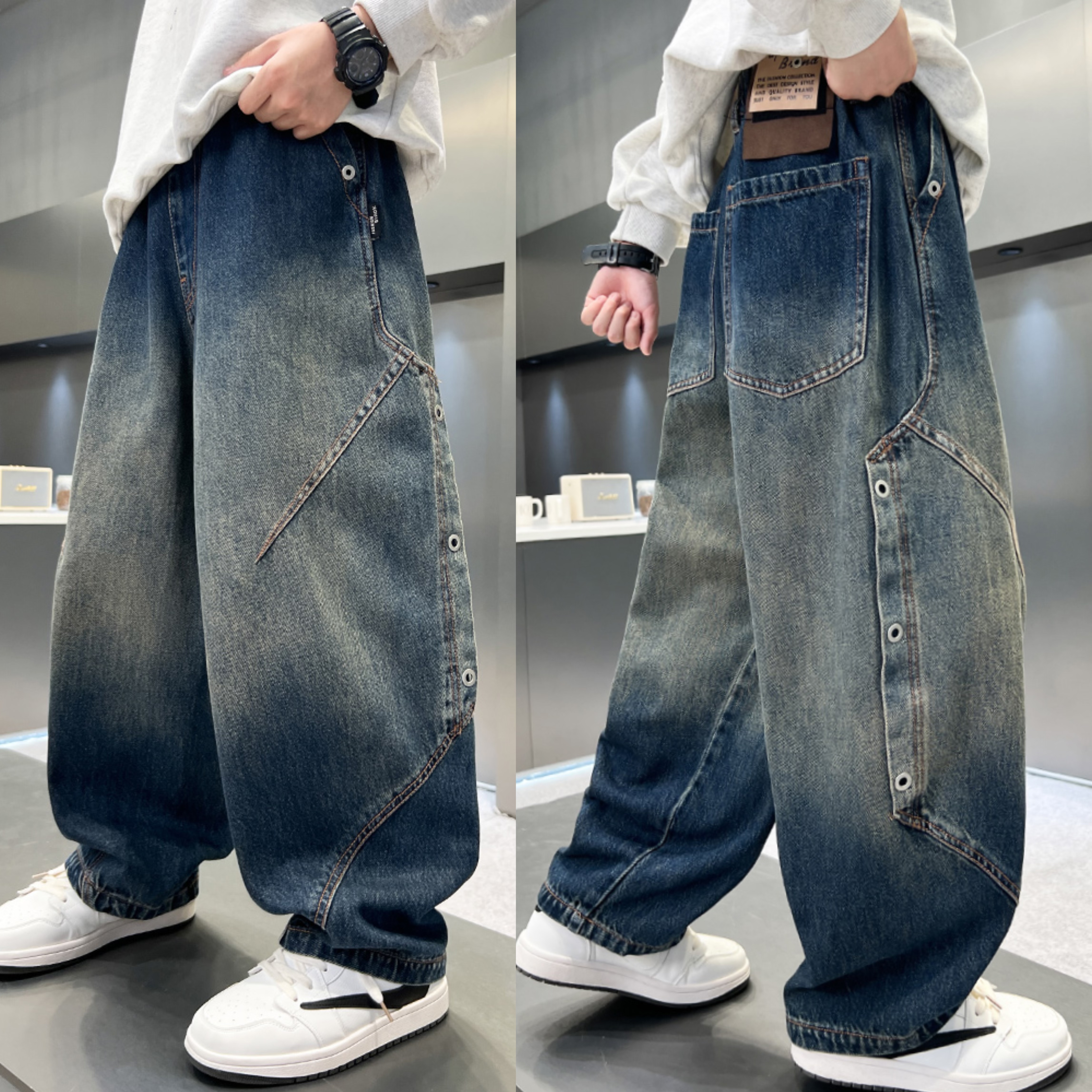 【秋款上新】男童牛仔直筒裤中大童装纯色拼接时髦宽松儿童休闲裤子