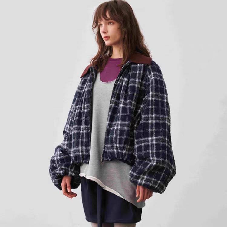 ANNAMOOER新品25秋冬时尚保暖拼色领格子棉服外套女