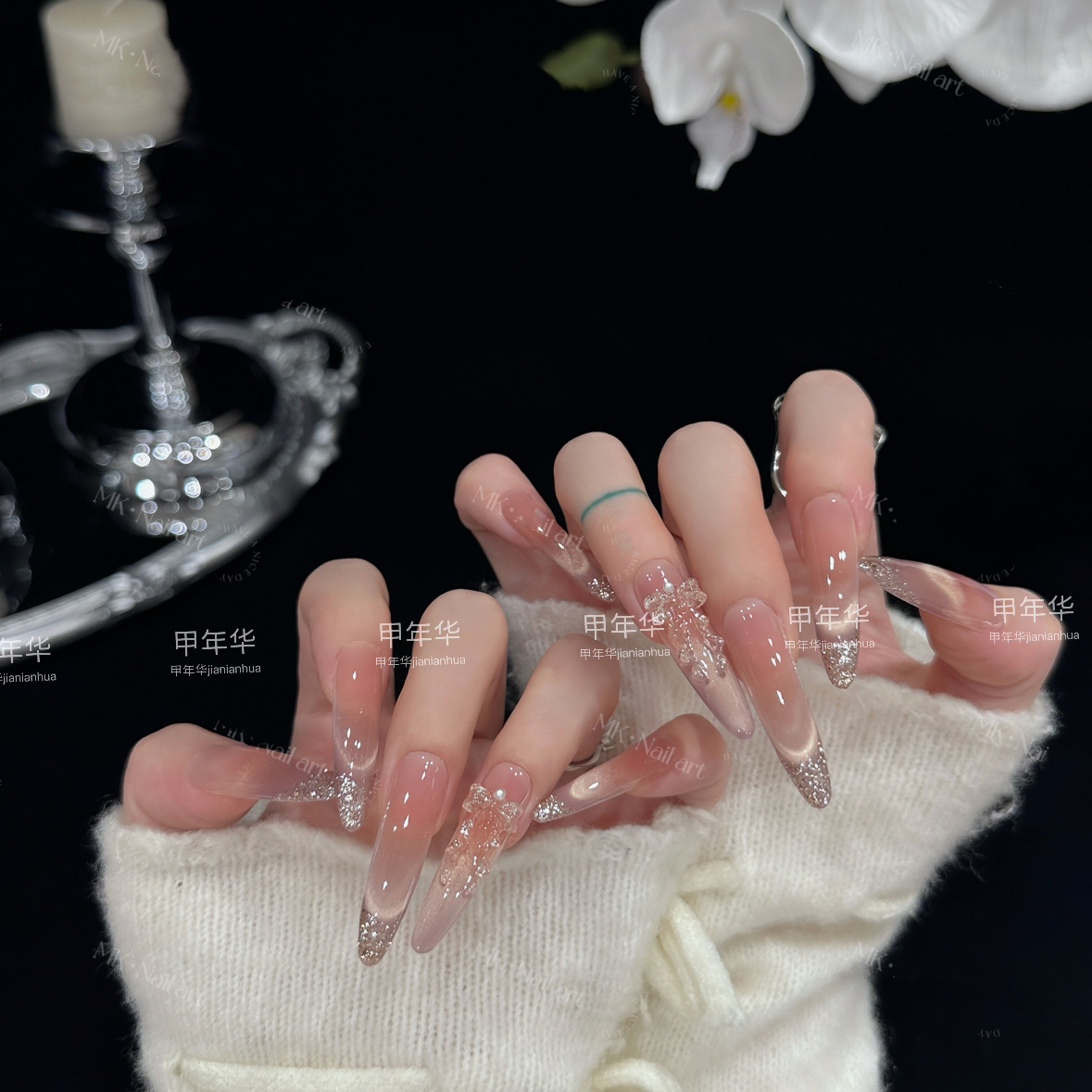 夏季新款纯手工爆闪猫眼珍珠蝴蝶气质显白超长美甲甲片穿戴穿戴甲