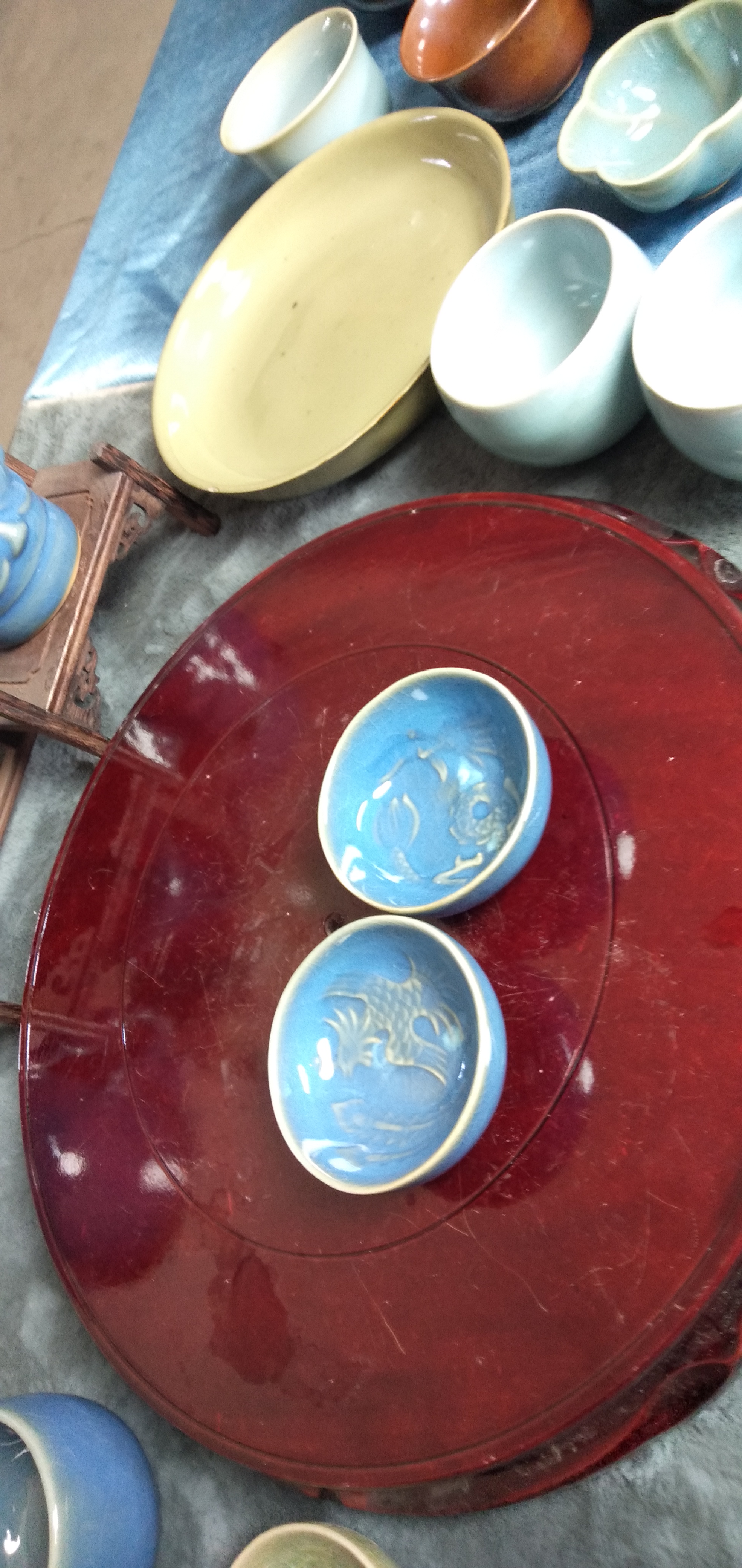 珍珠蓝龙凤呈祥杯子，郭遂工艺汝瓷