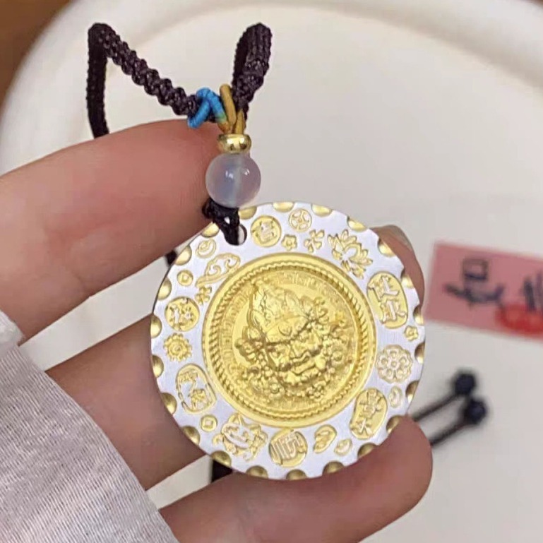 吊坠足银 古法描金黄财神纯银999项链男女款挂坠吉言无事牌情人节