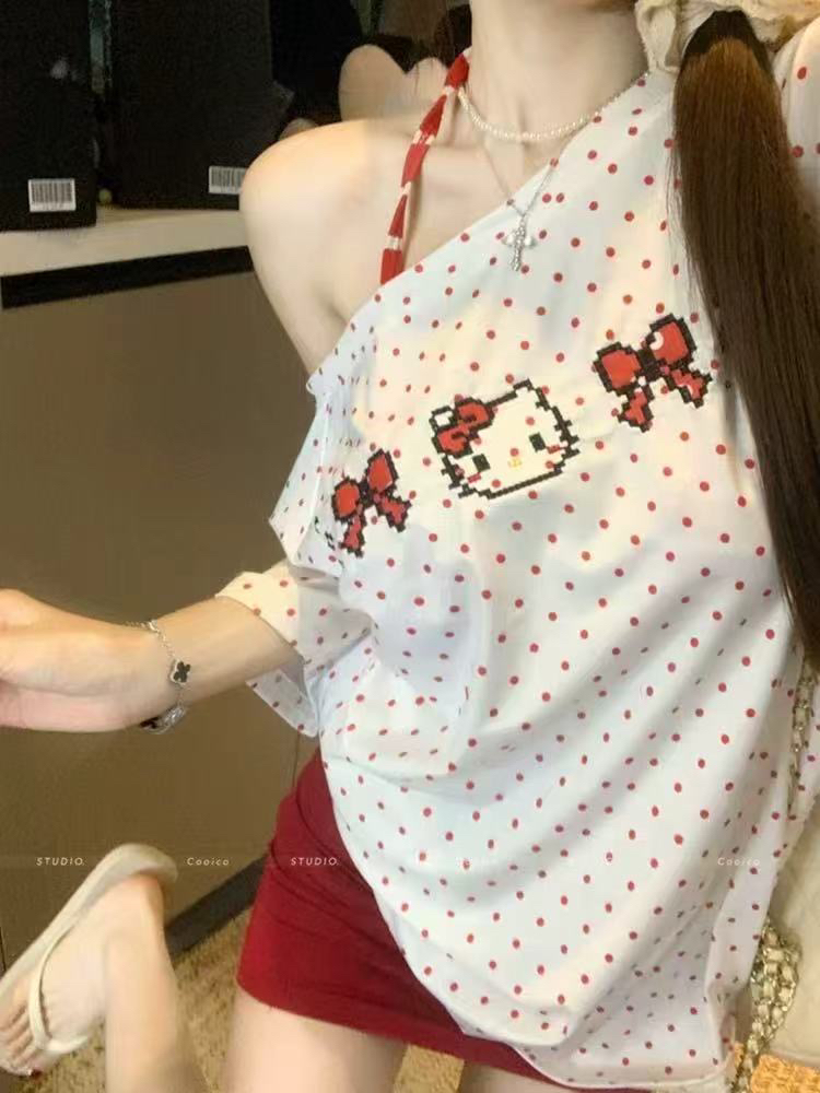 【斜肩】小众露肩kitty猫印花波点短袖T恤女夏季显瘦988067性感