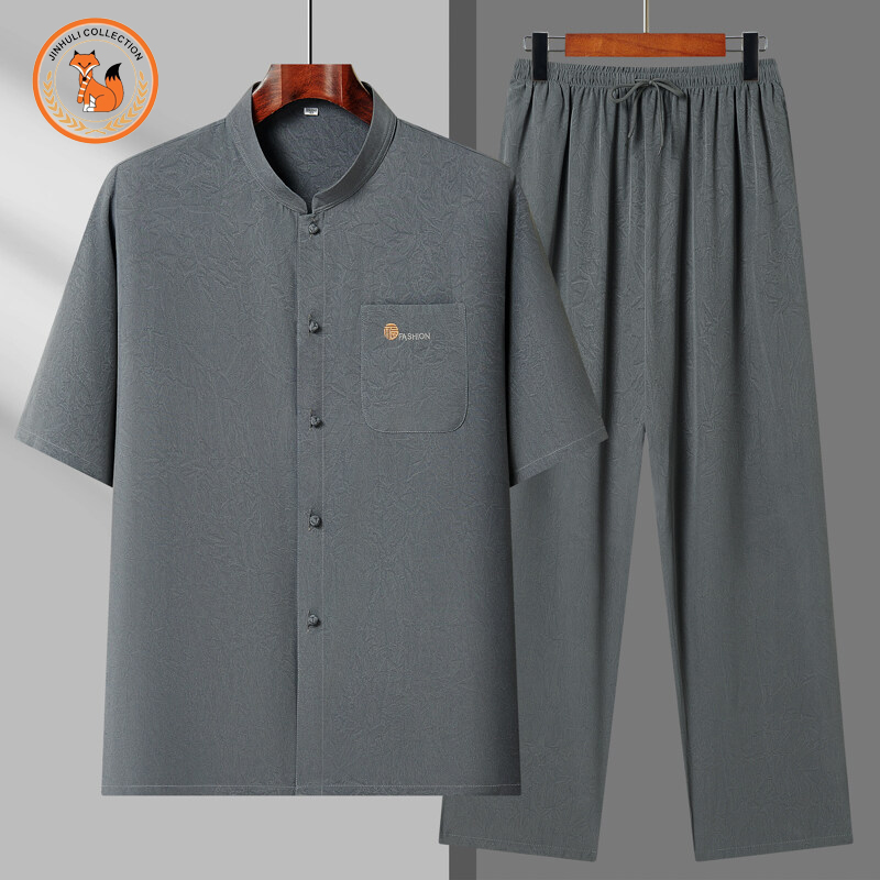 金狐狸2025夏季新款新中式男式短袖夏装盘扣立领中老年套装送爸爸