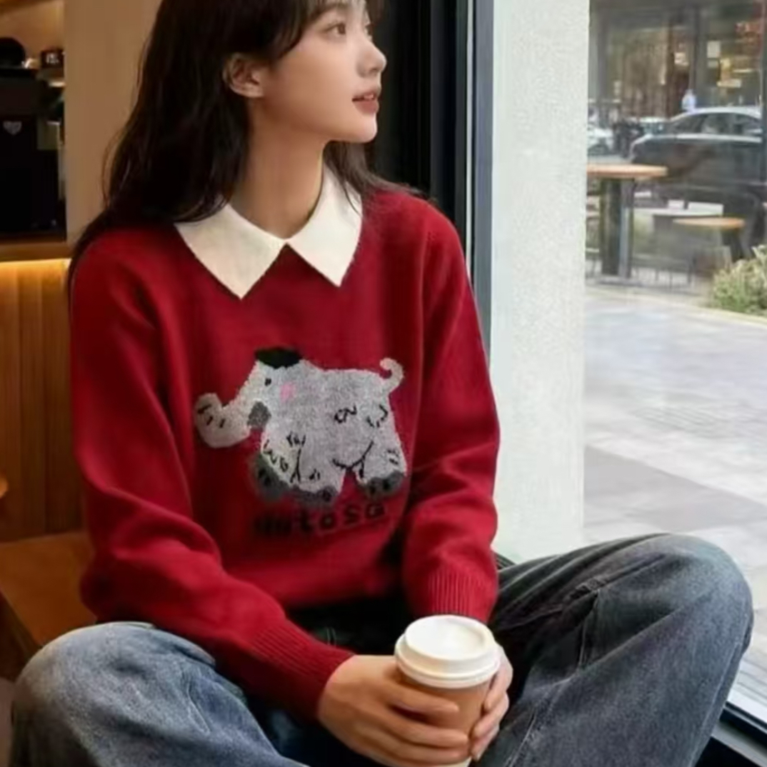 新年红毛衣加厚针织毛衣女士秋冬内搭新年红色娃娃领上衣