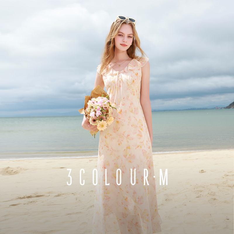 0070三彩2025夏季新款碎花连衣裙荷叶边系带收腰A字裙长裙清dbq
