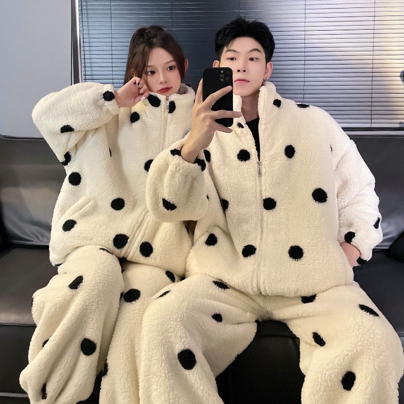 【情侣波点】睡衣女冬情侣家居服珊瑚绒加绒保暖拉链保暖套装77799