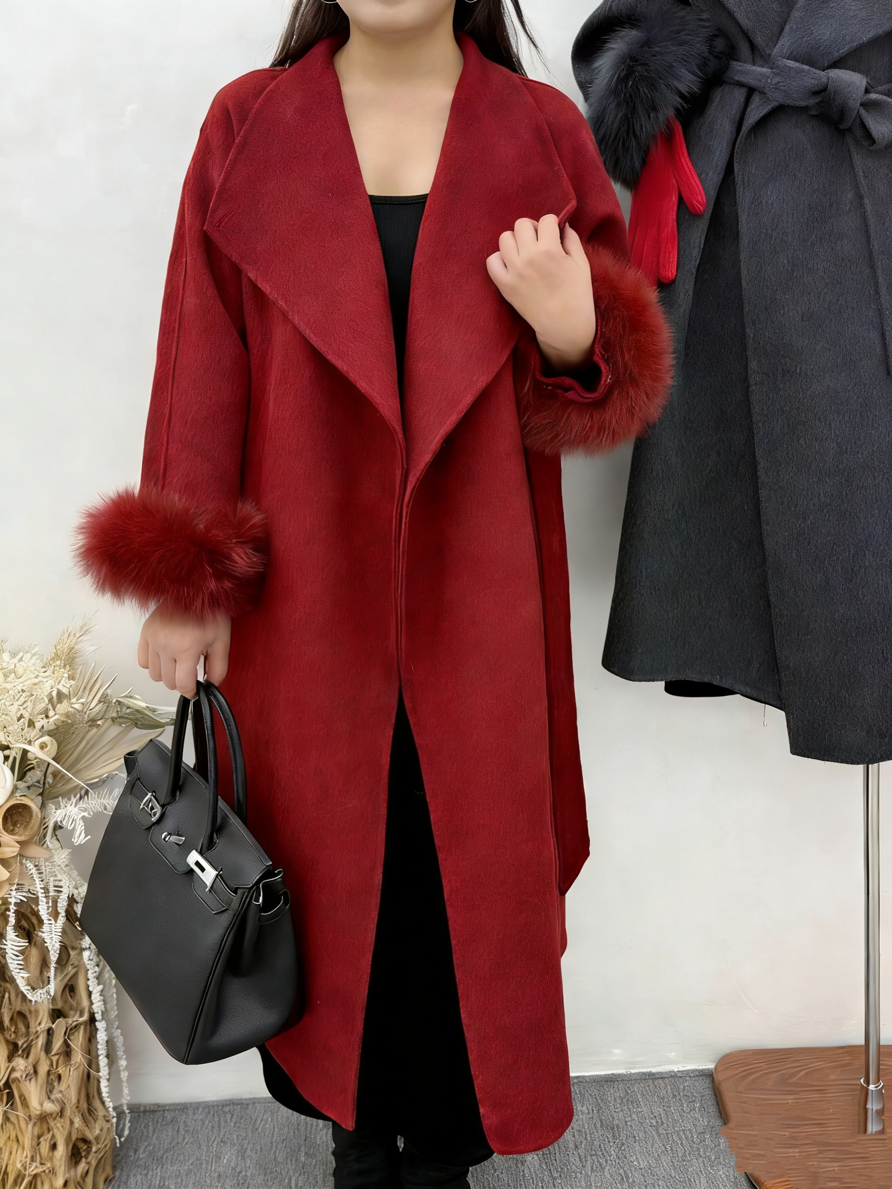 1088大翻领毛毛袖双面呢大衣气质呢子胖mm大码韩版带腰带羊毛大衣