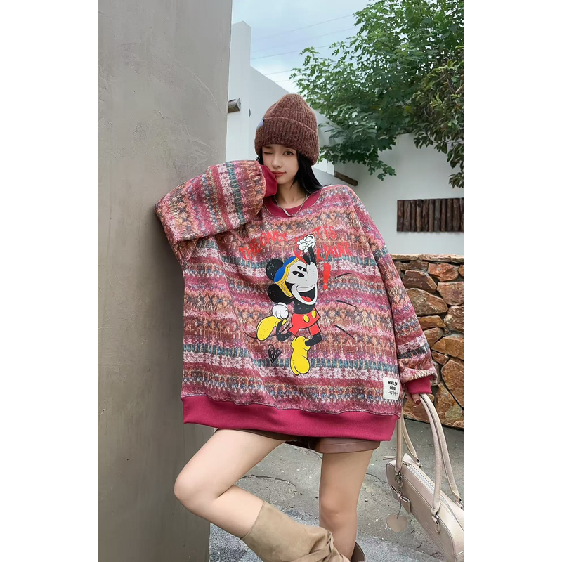 0199【冬季加绒】彩色花布印米米图案加绒圆领卫衣（9156）