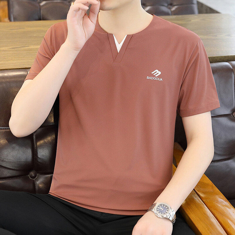 2025夏季男士双层剪刀领冰丝休闲百搭潮流短袖青年T恤66002