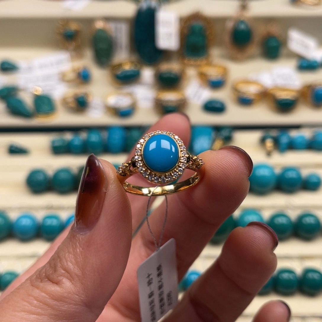 18K金镶嵌绿松石珠宝奇石戒指