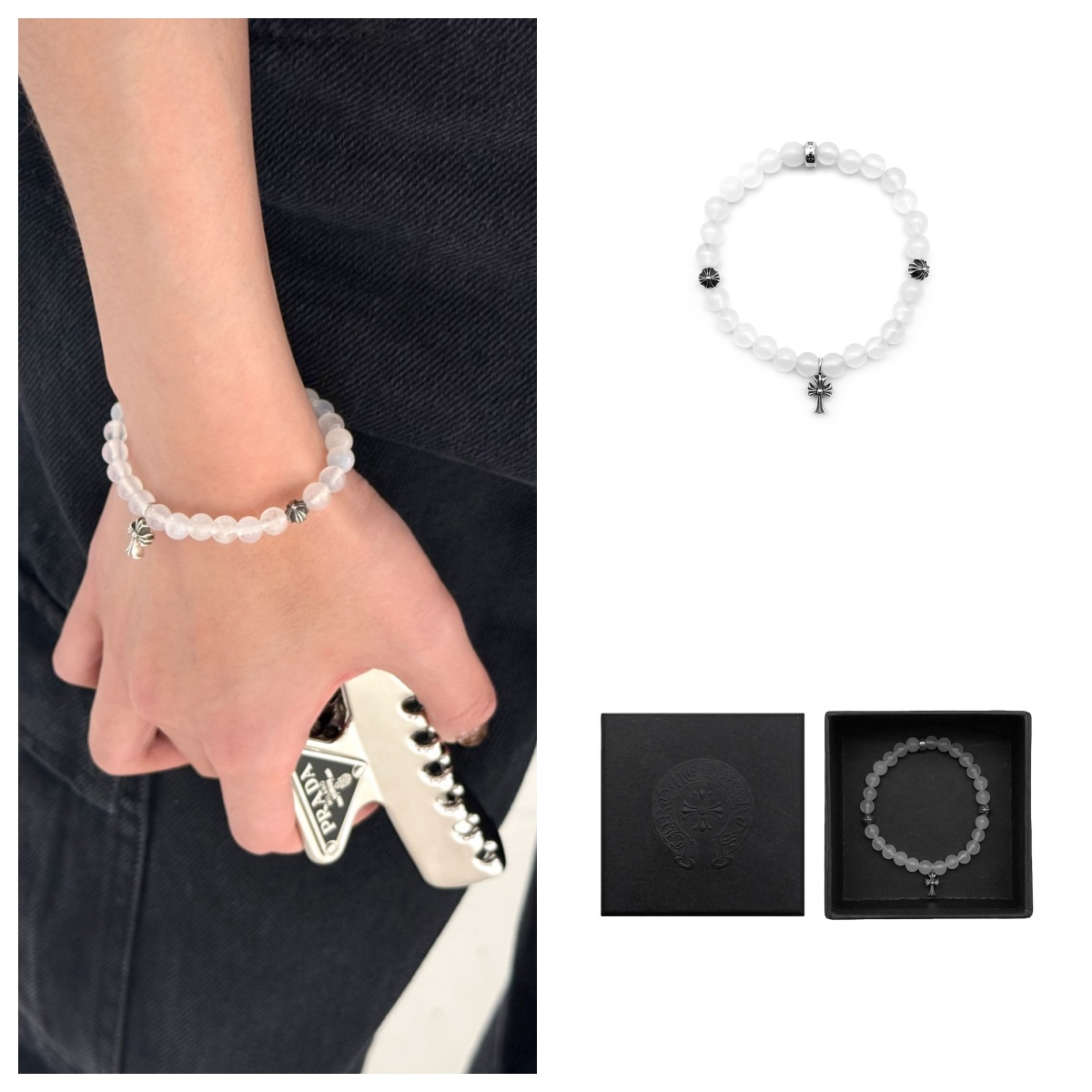 925银手链 Chrome Hearts 克罗心 6mm白色十字吊坠四银手链 手串