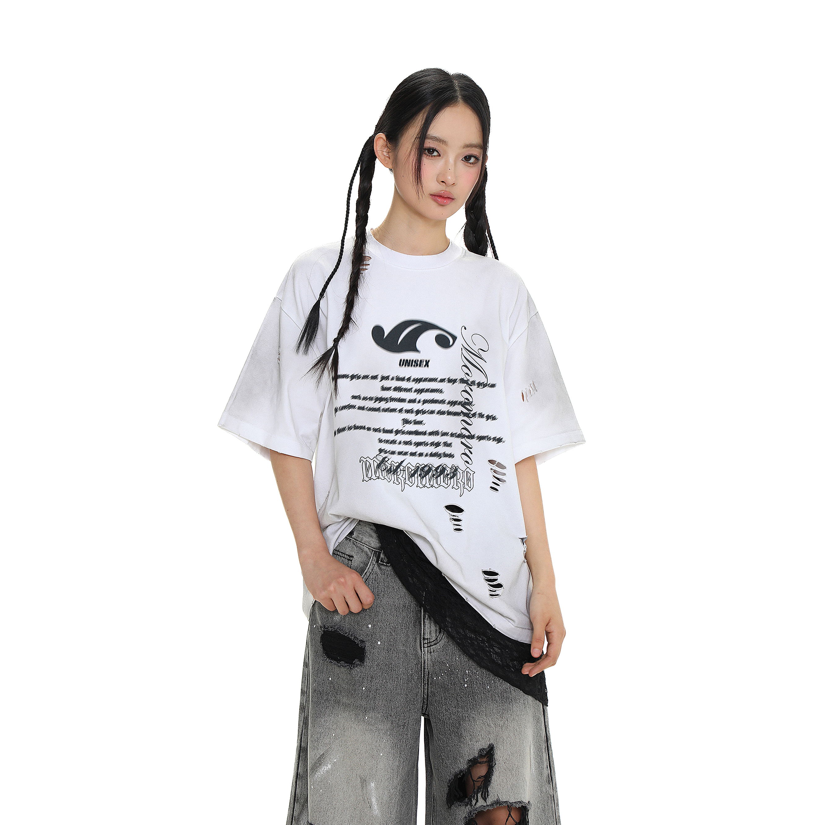 Moromoro 5/15 夏季美式复古擦脏重影字母印花破洞休闲宽松短袖