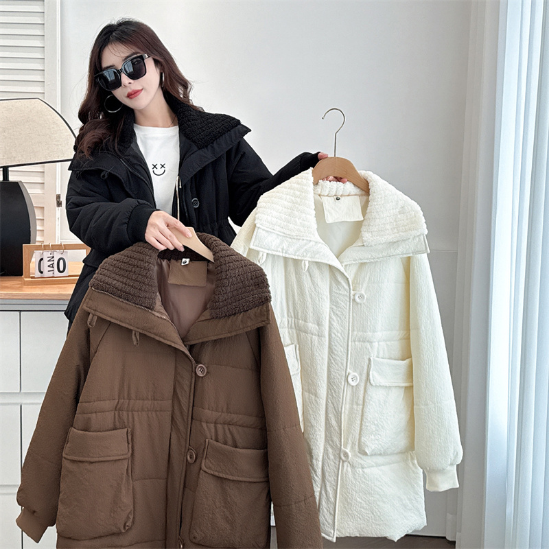 JIANAOBEN/简澳本大码女装冬季中长款毛毛领大口袋保暖棉服外套