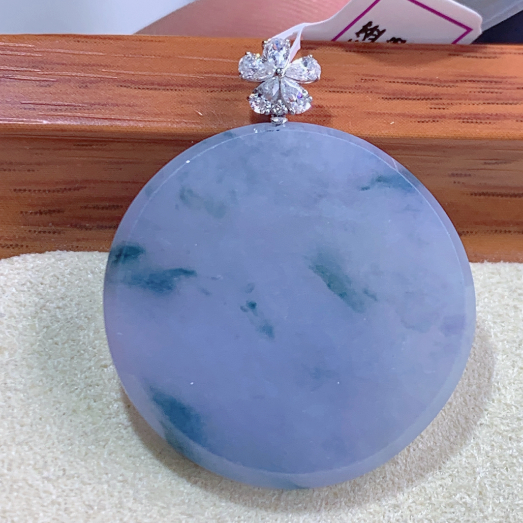 天然缅甸A货翡翠18k金镶紫罗兰飘蓝花无事牌吊坠j整31裸石25/3mm