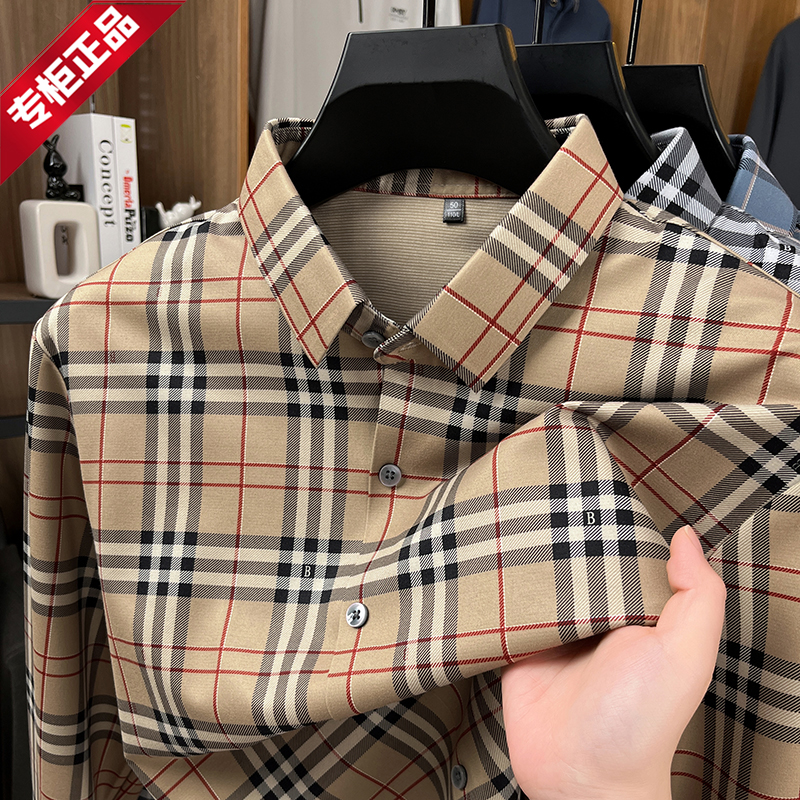 英伦巴家LUNBBLRRY男士格子羊毛长袖衬衫经典商务潮流品牌衬衣秋