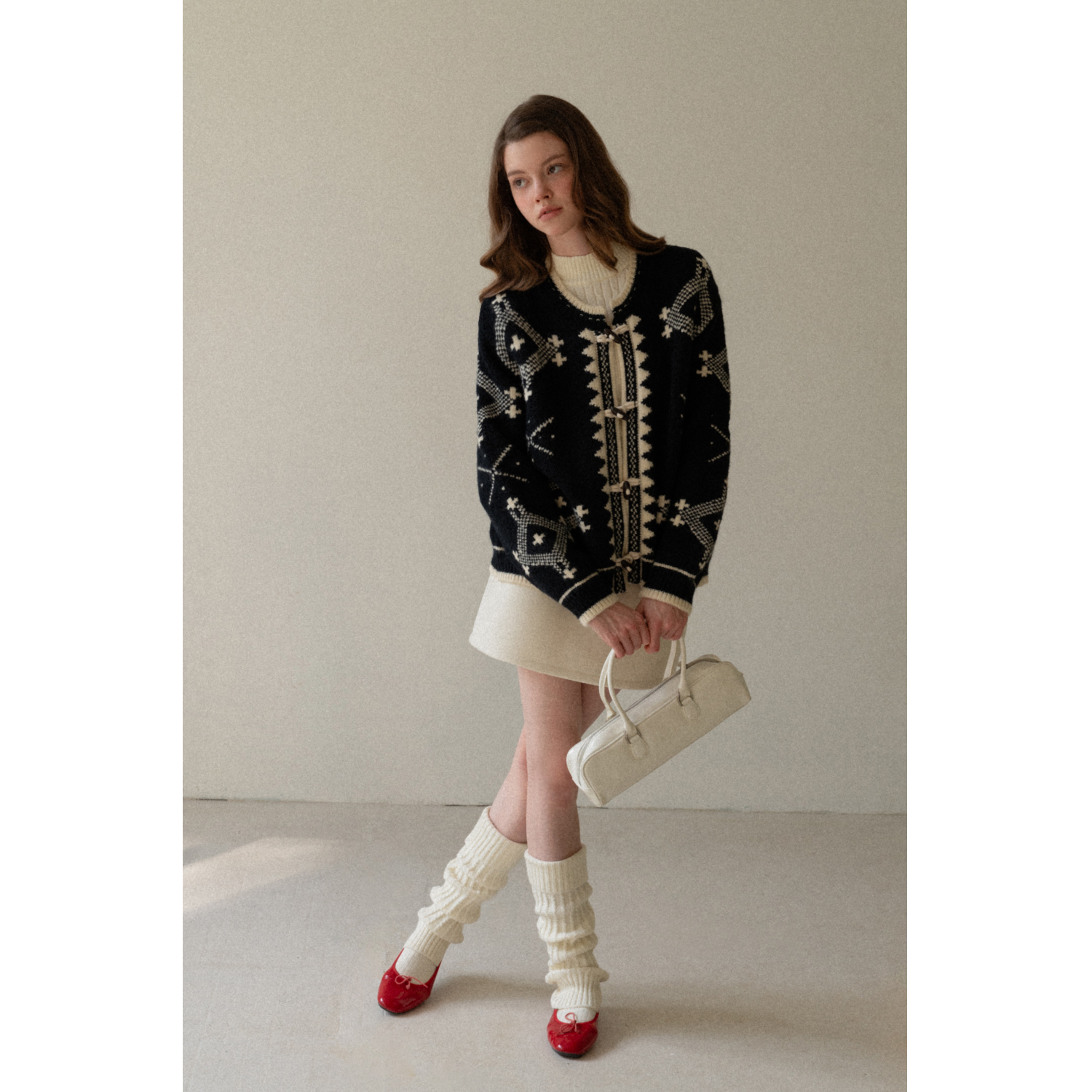 EGGKA 复古提花牛角扣毛衣开衫外套宽松气质休闲上衣E25A40760AF