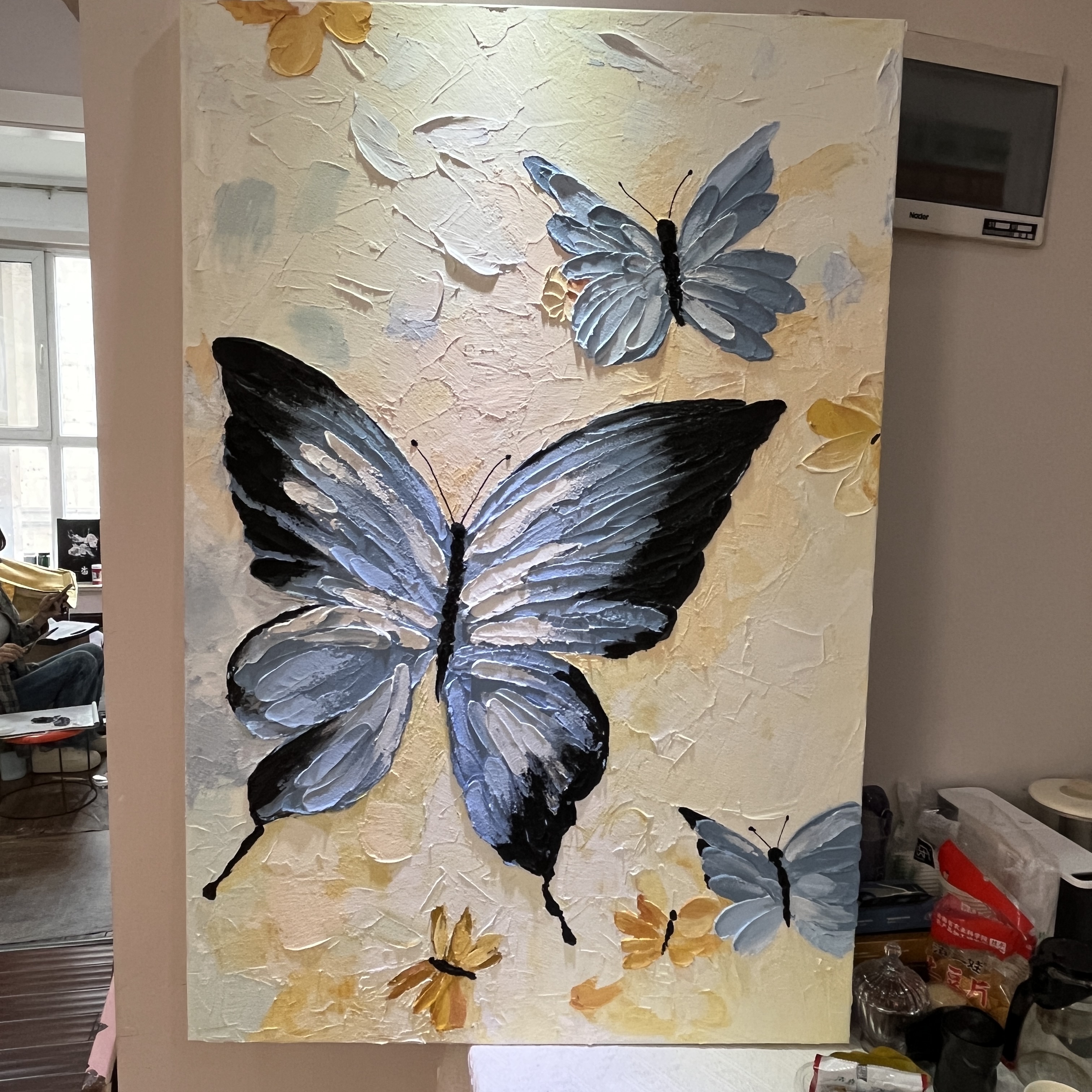 风蝶恋款手绘立体砂岩肌理油画沙发背景客厅画时尚简约极简装饰画