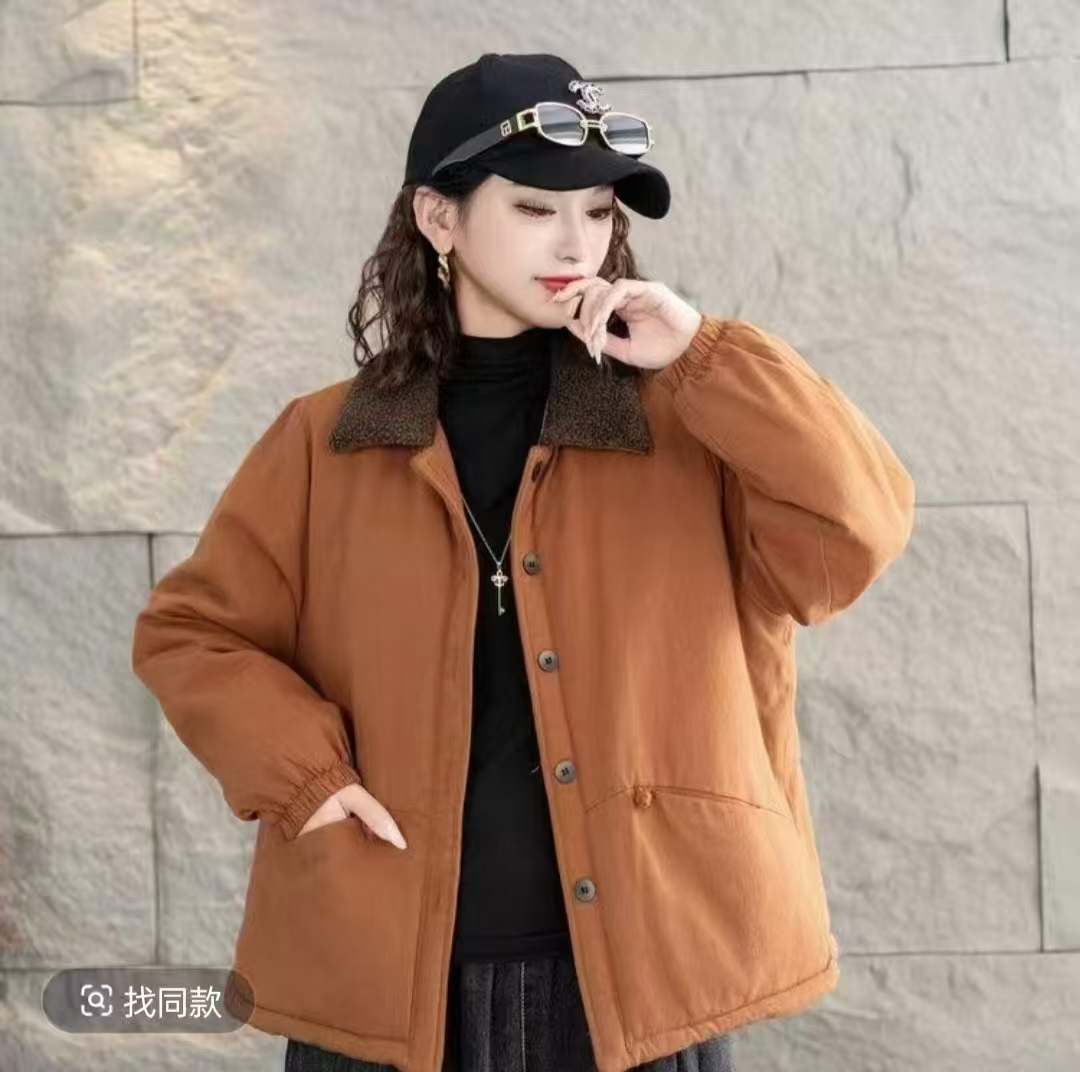 #6976冬季新款加绒加厚水洗棉棉服百搭洋气韩版翻领保暖时尚棉服