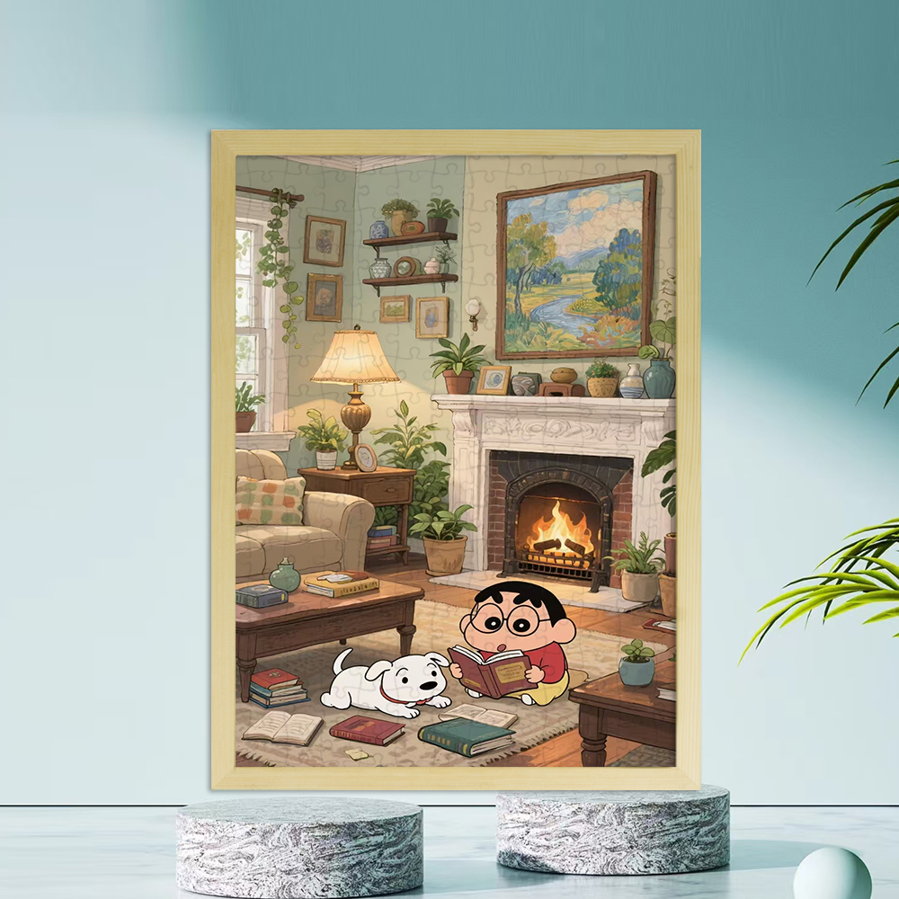 蜡笔小新高颜值木质拼图挂画3-6-8-10岁以上儿童益智玩具礼物有框