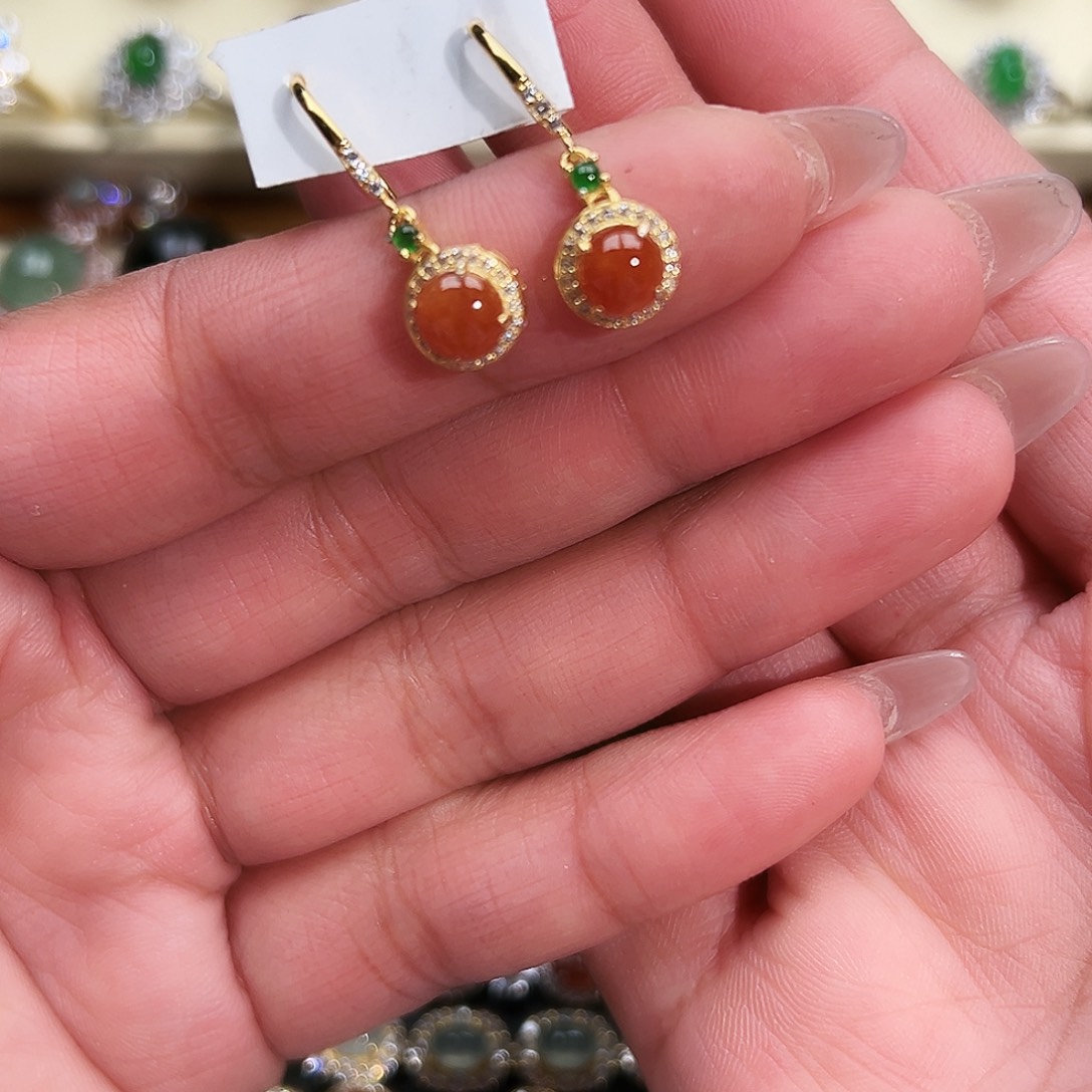 翡翠银S925镶嵌戒指緬甸天然A貨翡翠耳釘