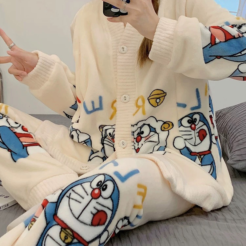 韩系少女软糯半边绒睡衣女款冬季205保暖针织开衫长裤家居服套装