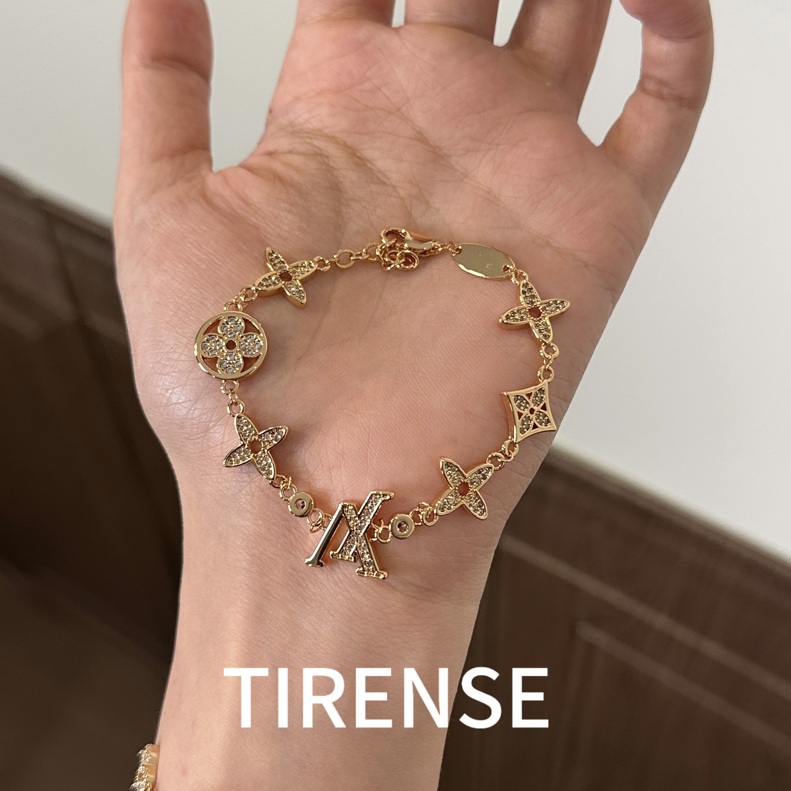 铜合金手链 镀18K金设计师老花全钻拼接轻奢时尚手链