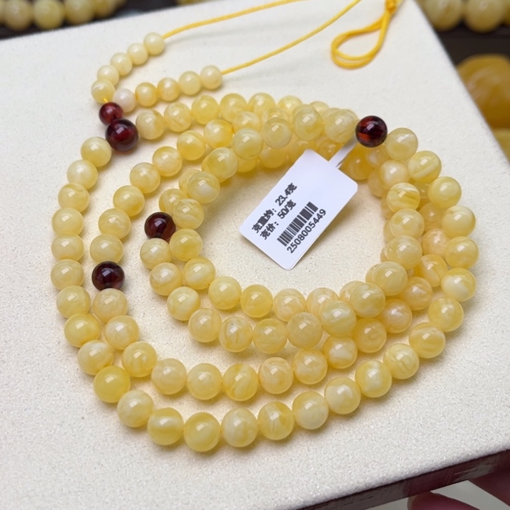 蜜蜡颈饰未镶嵌7圆珠108浓蜡虎皮纹妖花