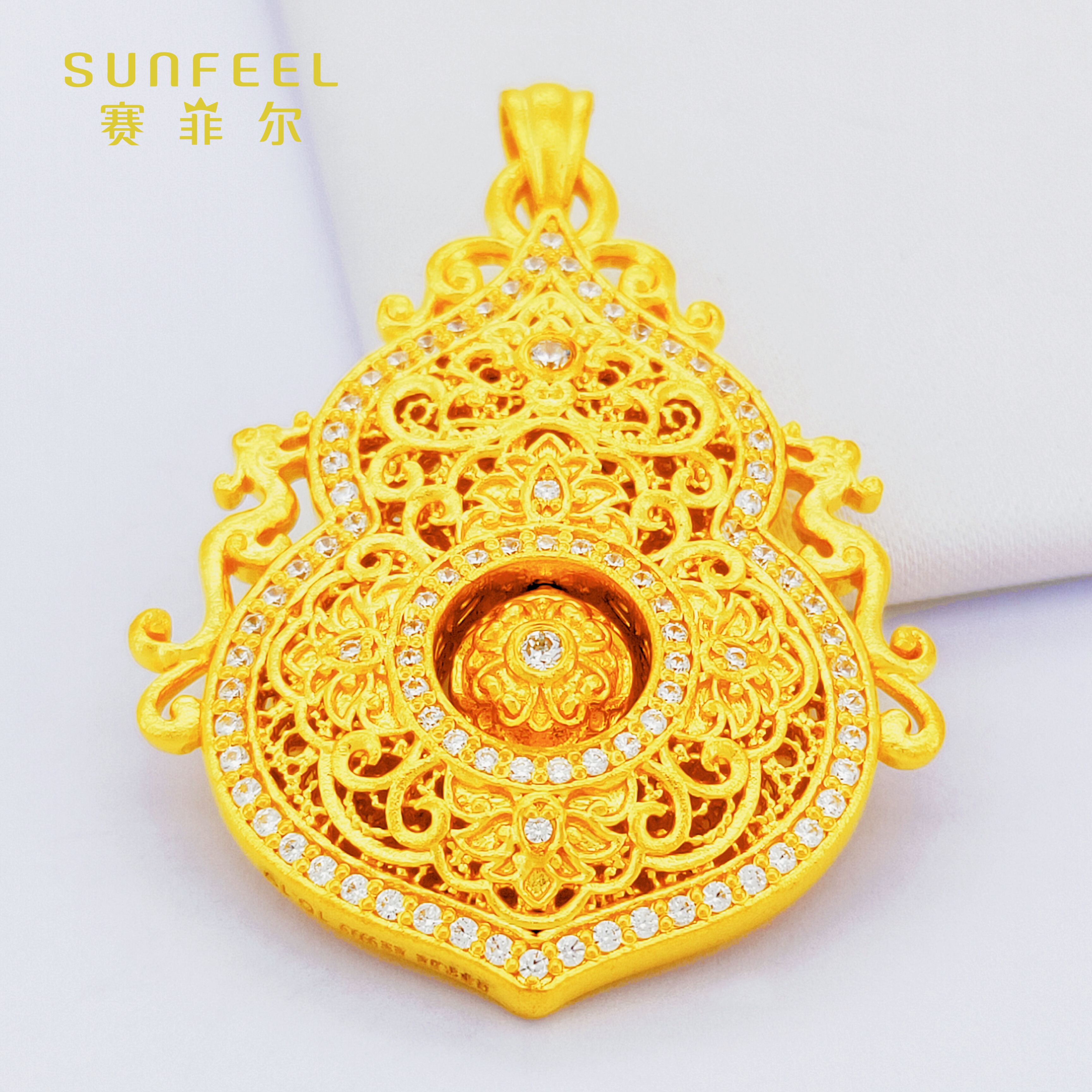 SUNFEEL/赛菲尔万足®足金黄金人生四美镶嵌吊坠国潮风原料金条