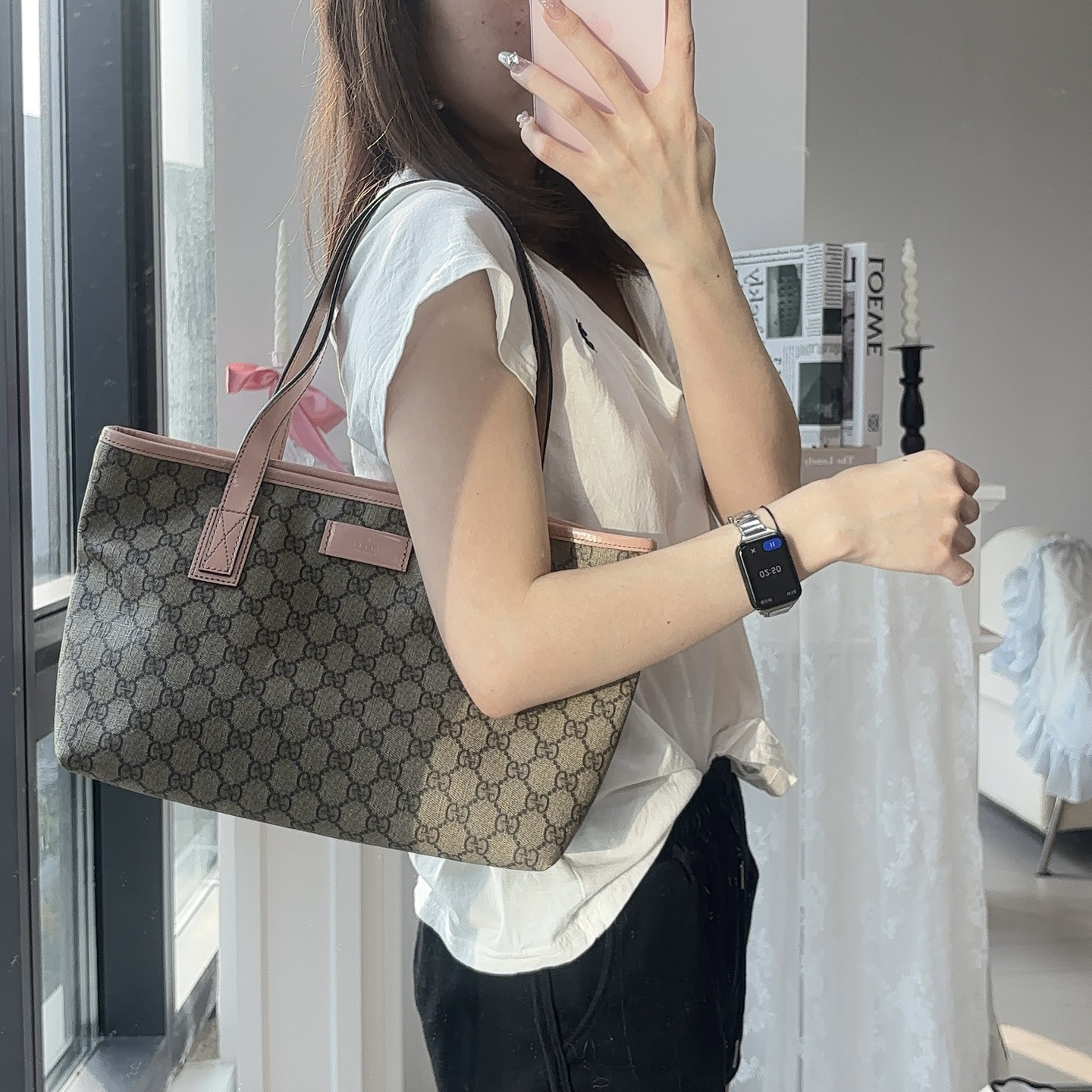 95新 GUCCI/古驰 gucci经典老花粉边托特