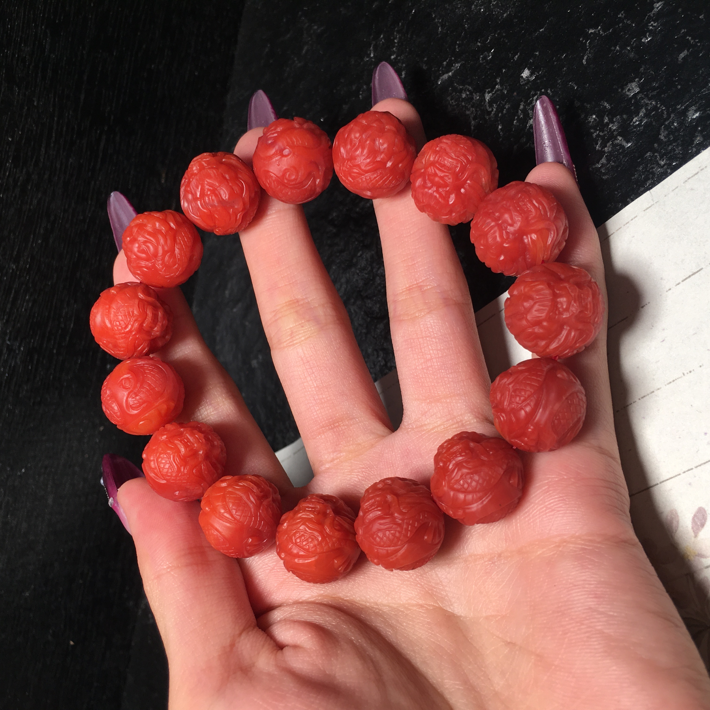 【朱锦南红】精品保山南红玛瑙满色满肉辣椒红雕刻龙珠手串15mm70g