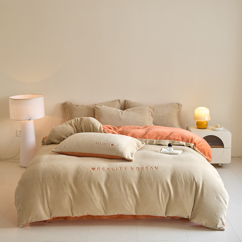 JN-冬季牛奶绒绣花刺绣床笠四件套