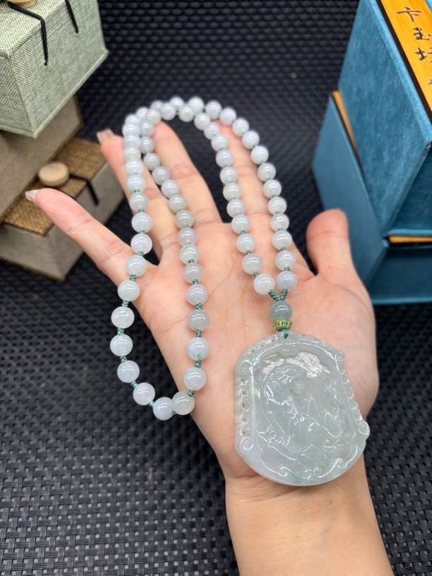 福利天然缅甸翡翠A货冰种晴水果绿老虎牌挂件男款玉石项链毛衣链