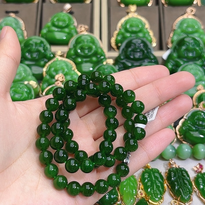 和田玉（碧玉）项链未镶嵌8m菠菜绿项链