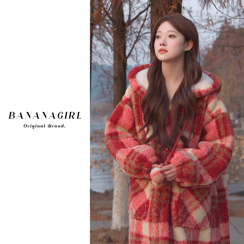 Bananagirl【新年红】睡衣女秋冬连帽中长款睡袍循环加厚家居可外穿