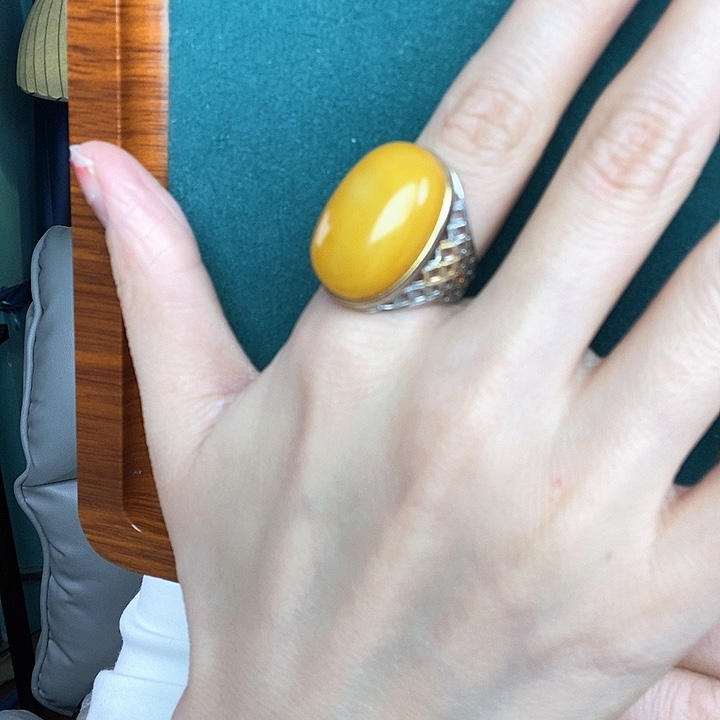 蜜蜡戒指银S925镶嵌戒指