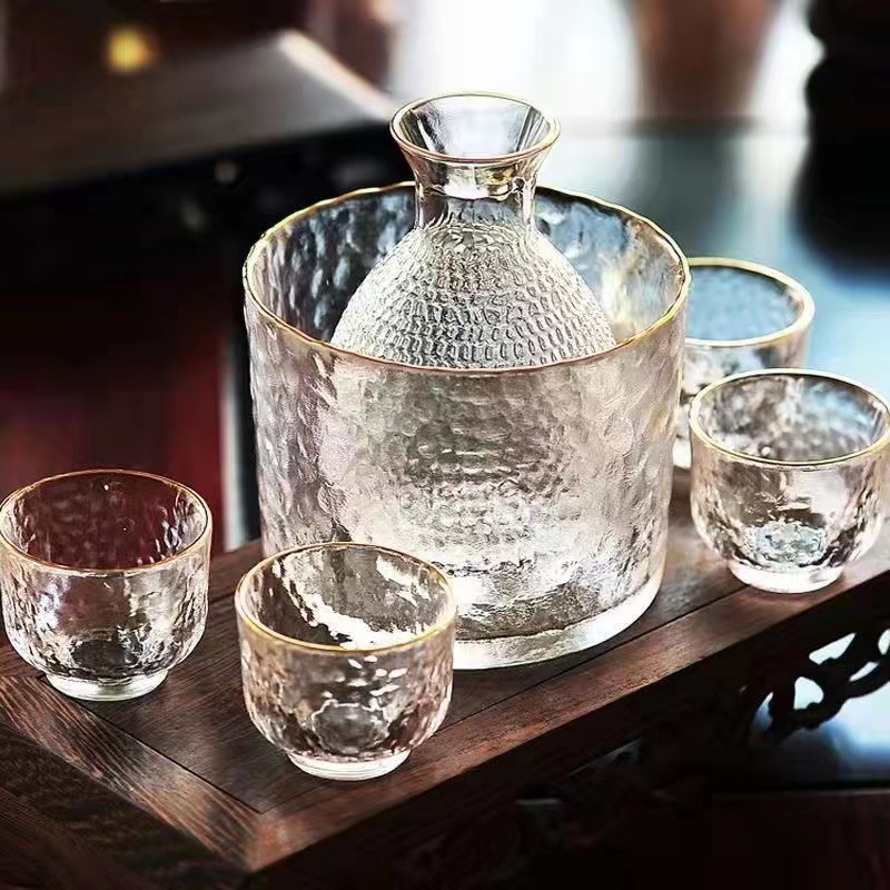 蓝海日式锤纹金边玻璃清酒黄酒温酒器烫酒壶家用一两白酒杯酒盅金
