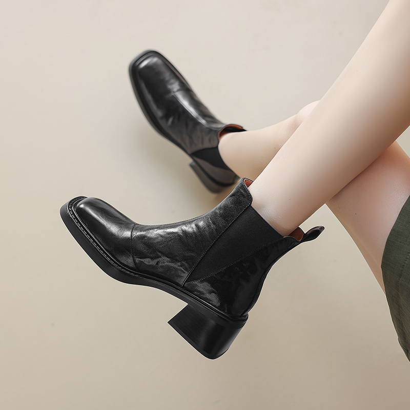 5cm/秋冬新款羊皮方头厚底短靴女真皮粗跟马丁靴女靴子