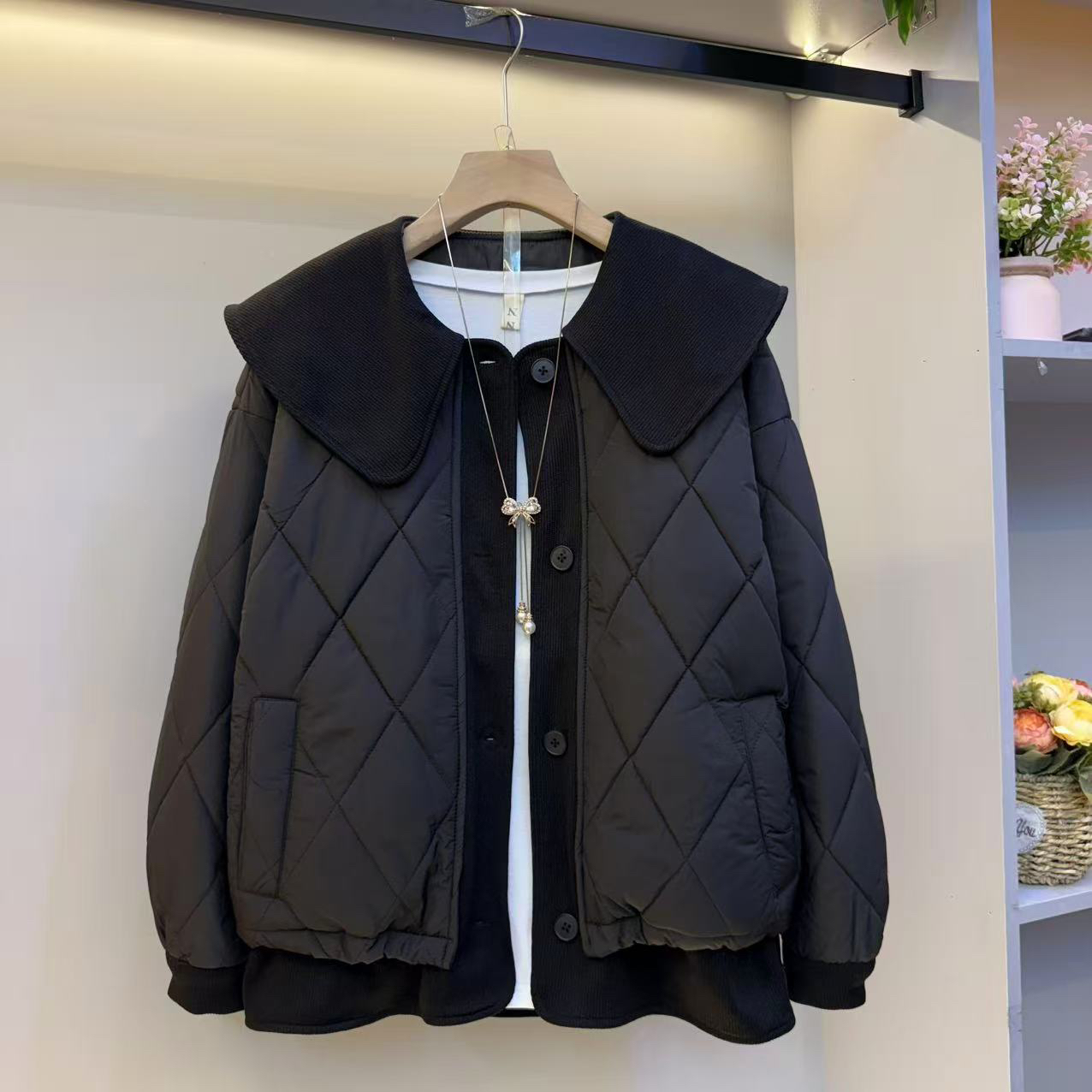 秋冬新款显瘦娃娃领长袖夹棉棉服外套休闲百搭