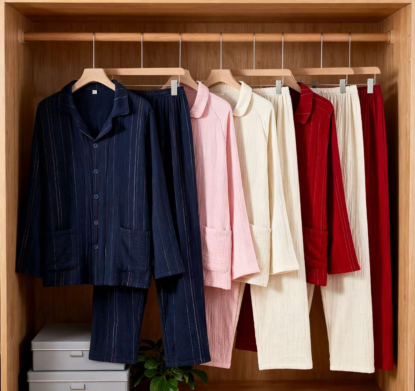 【情侣超高品质80支四层纱】全棉超柔软男士四层纱套装长袖长裤套装