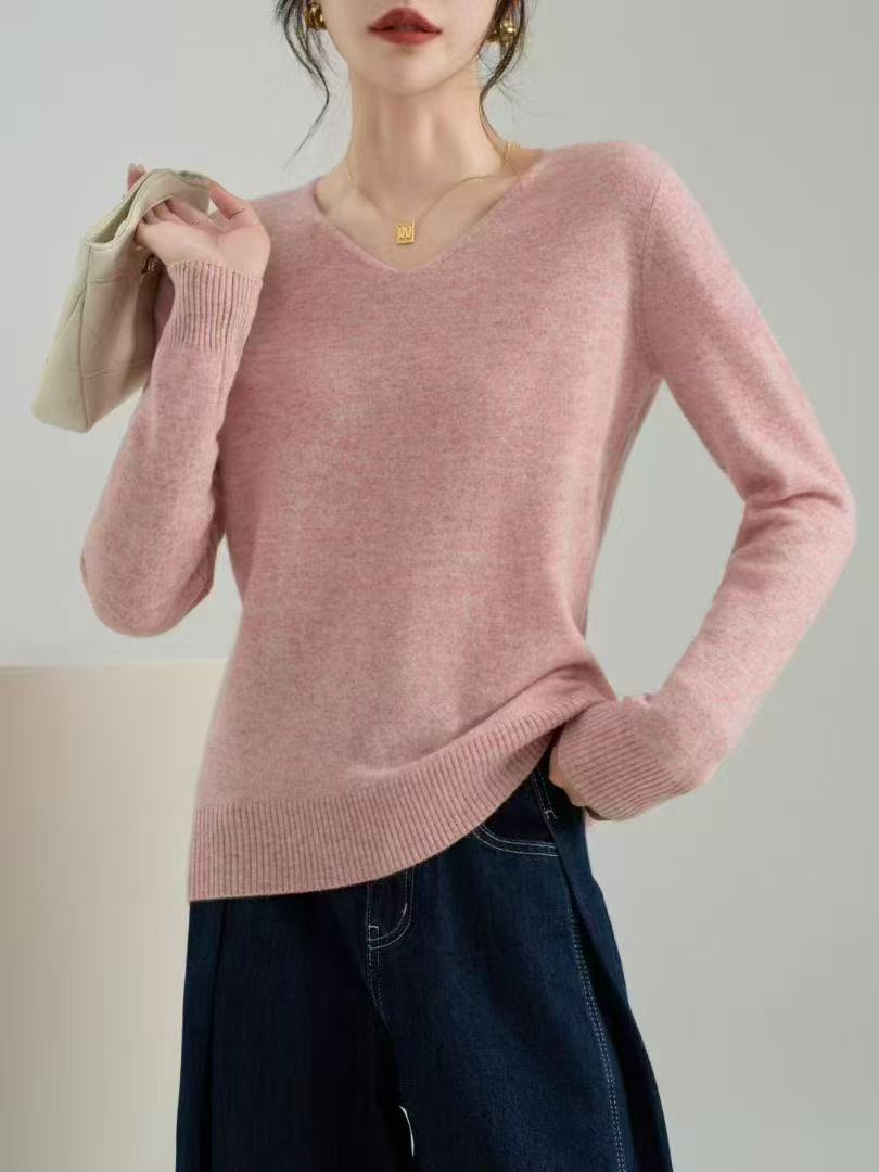 hanyang/晗洋女式长袖针织衫秋冬纯色V领套头100%羊毛百搭网红衫