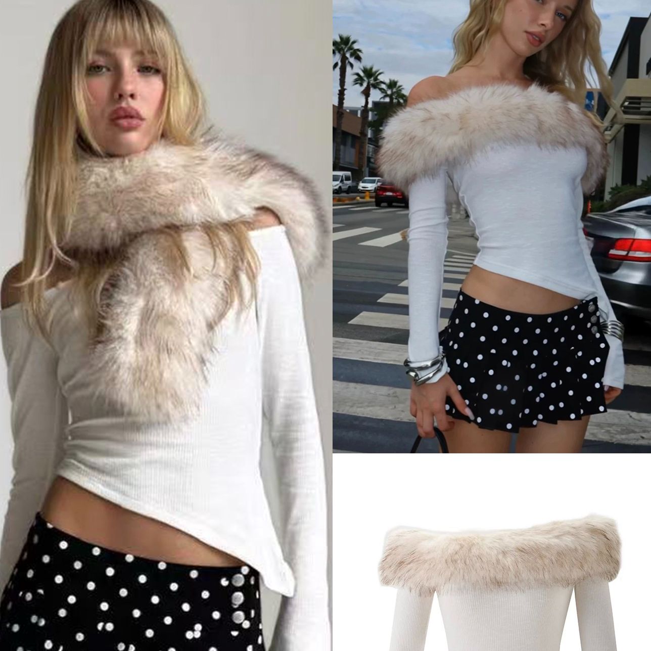 米白色一字领毛毛上衣 可拆卸渐变米灰色毛领不规则下摆