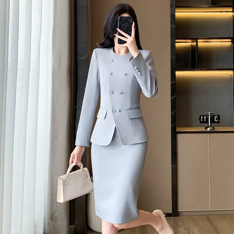 秋季时尚修身型西服套装法式圆领女神范洋气显瘦小个子西装5336