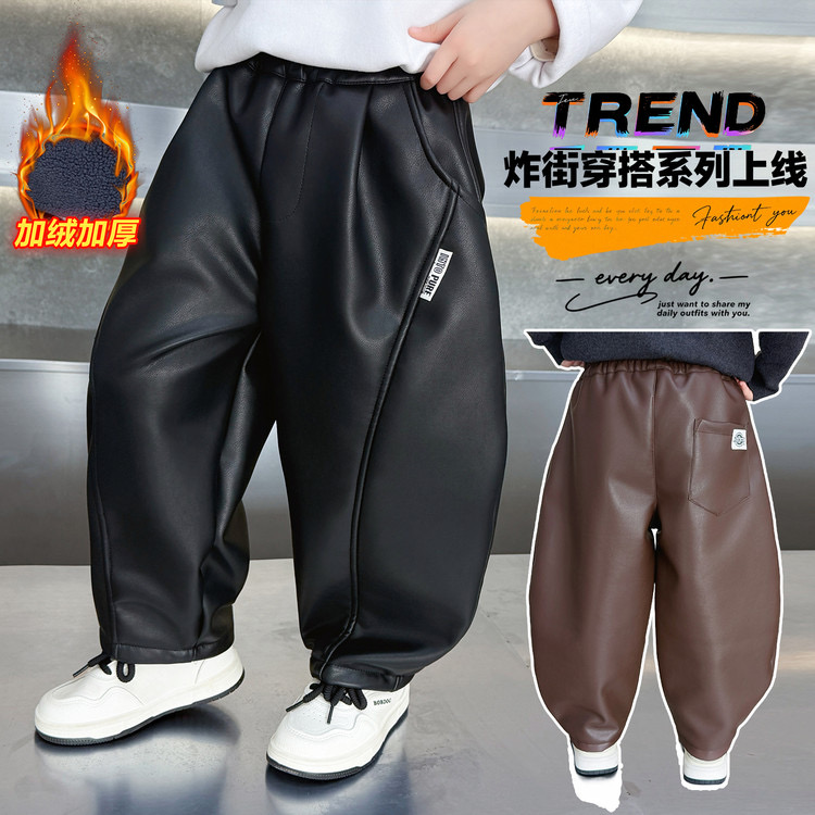 男童加绒裤子2025新款冬儿童冬季加厚弯刀裤皮裤外穿冬装男孩