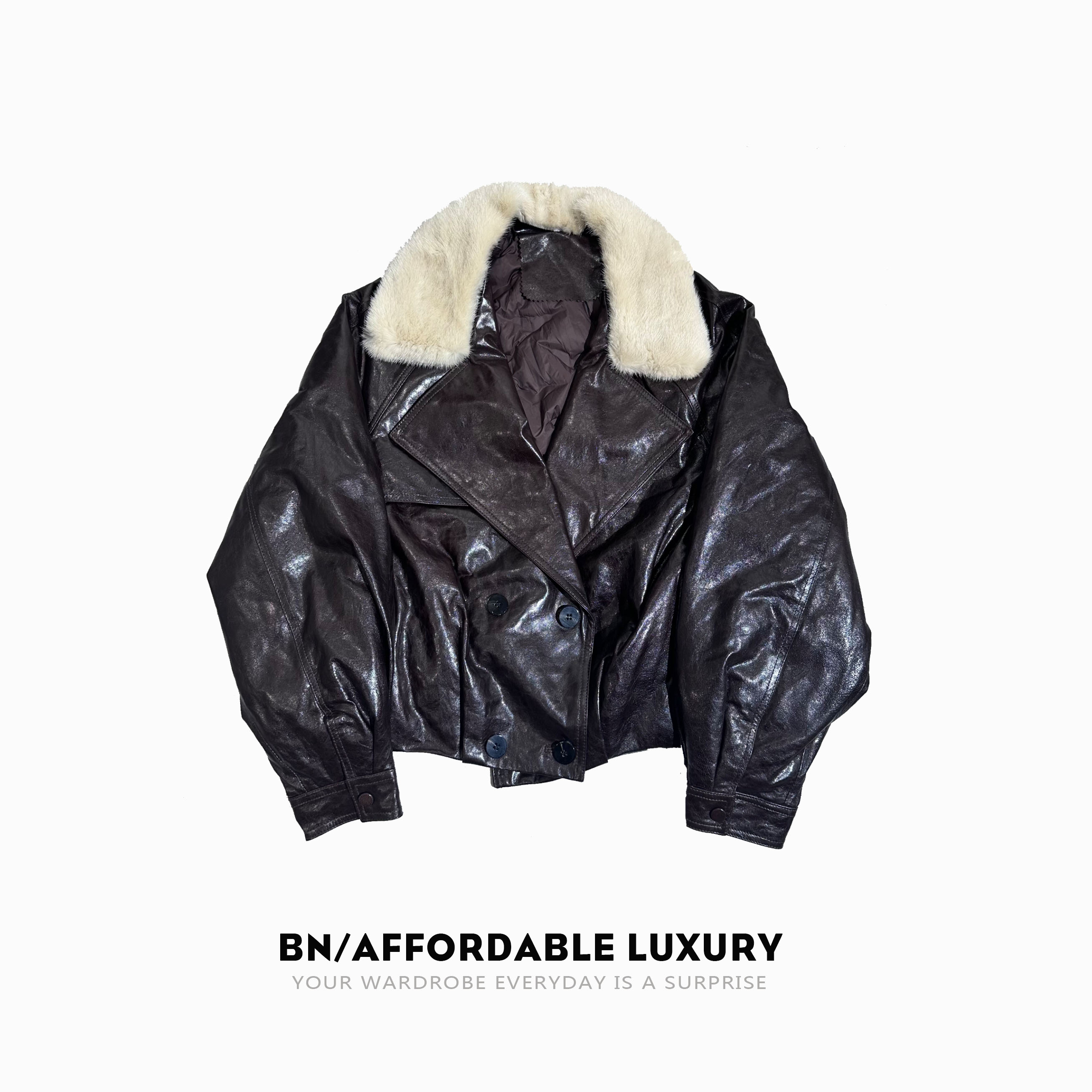 【BNcustom】LEW罗/意威油蜡微醺减龄皮/鹅拼接冬季宽松女皮衣外套