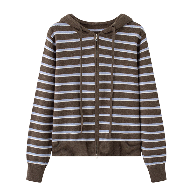 MM商场同款条纹女常规连帽冬季针织毛针织衫百搭双面韩版套头3681