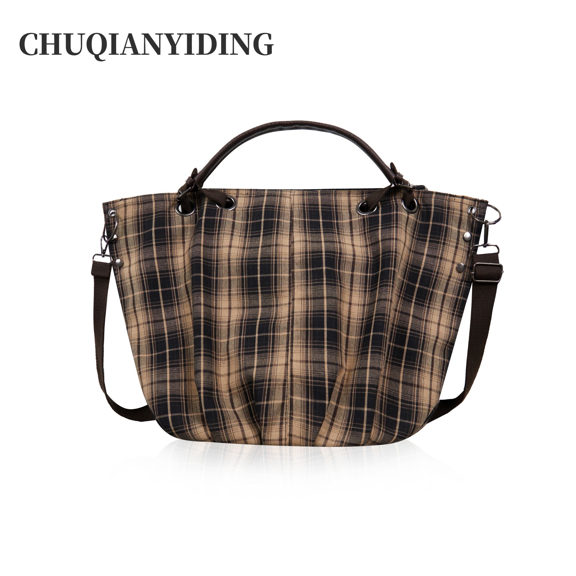 出前一町日系复古格纹帆布包大容量托特包通勤单肩斜跨包
