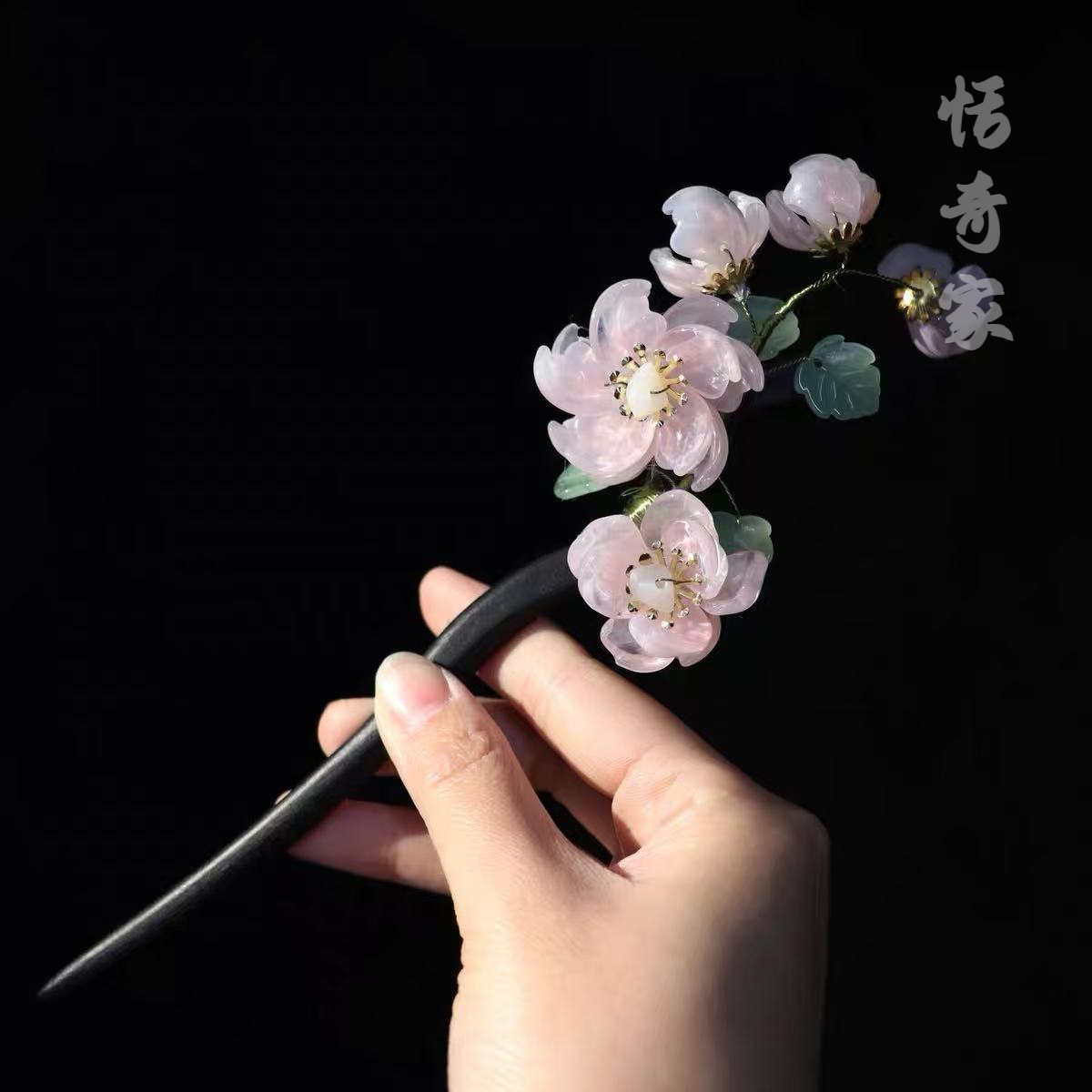 恬奇家a712“春意盎然”粉色桃花高定直簪发簪头饰原创设计琉璃花卉