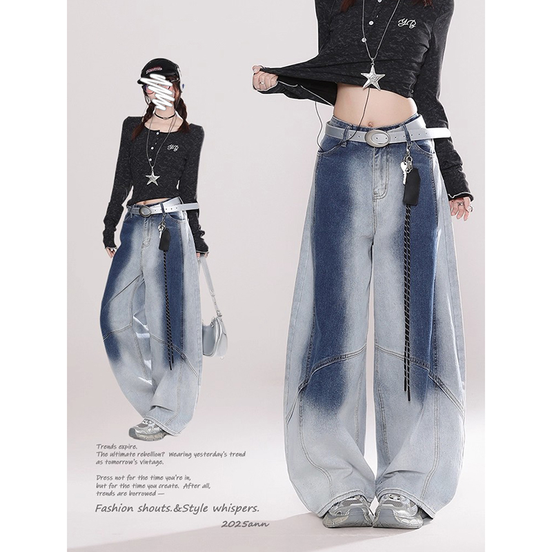 【送挂绳+免费试穿】美式水洗渐变弯刀牛仔裤女秋季解构宽松阔腿裤