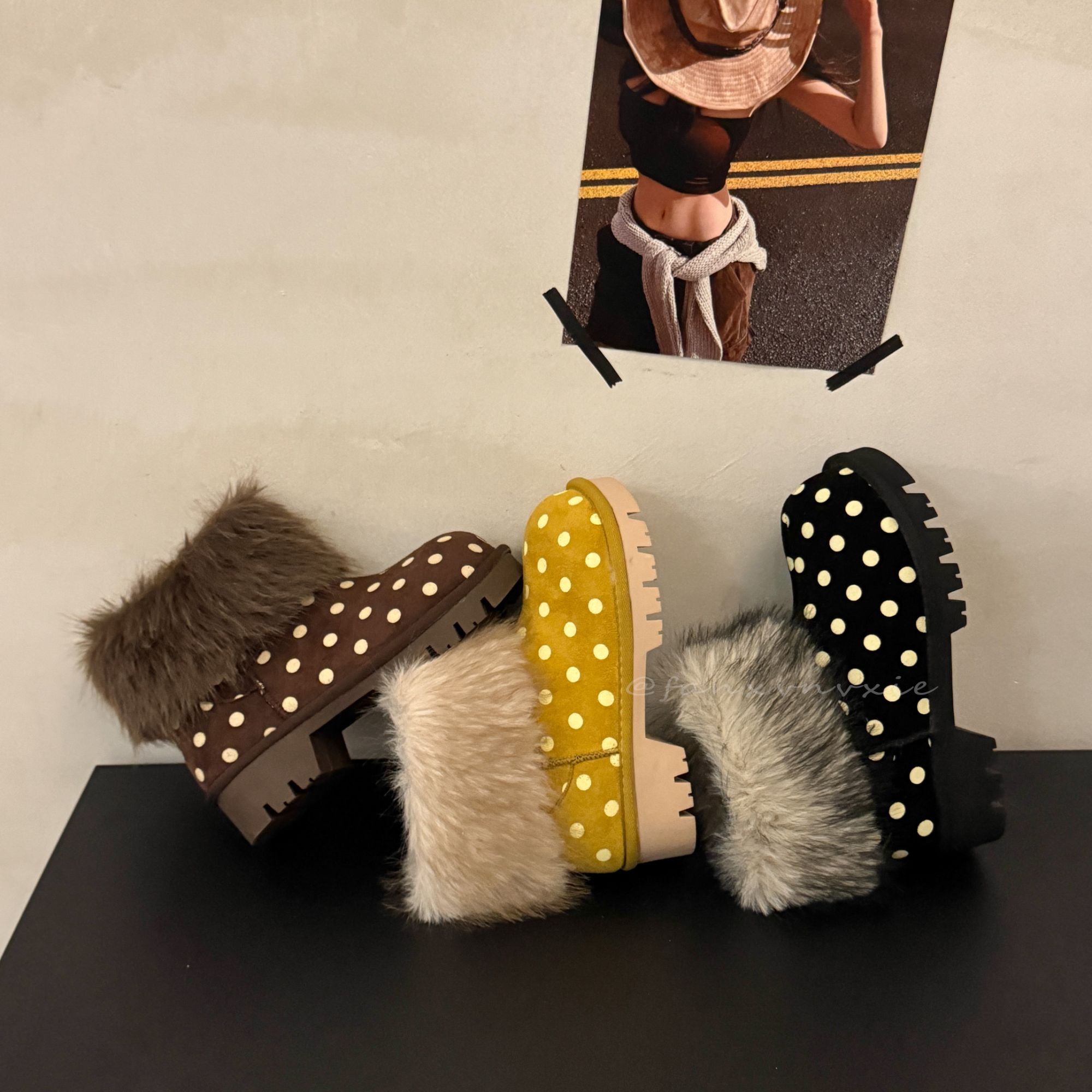 范小絮设计款的好物波点毛绒两穿雪地靴女冬加绒加厚防滑厚底棉靴